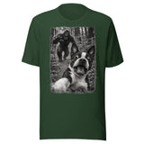 Boston Terrier Bigfoot Chase – Funny Sasquatch Dog Graphic Unisex T-Shirt . Forest