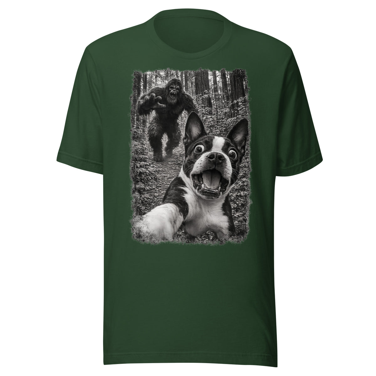 Boston Terrier Bigfoot Chase – Funny Sasquatch Dog Graphic Unisex T-Shirt . Forest