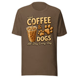 Iced Coffee & Dogs All Day Every Day Unisex T-Shirt - Funny Dog Lover Tee . Heather Brown
