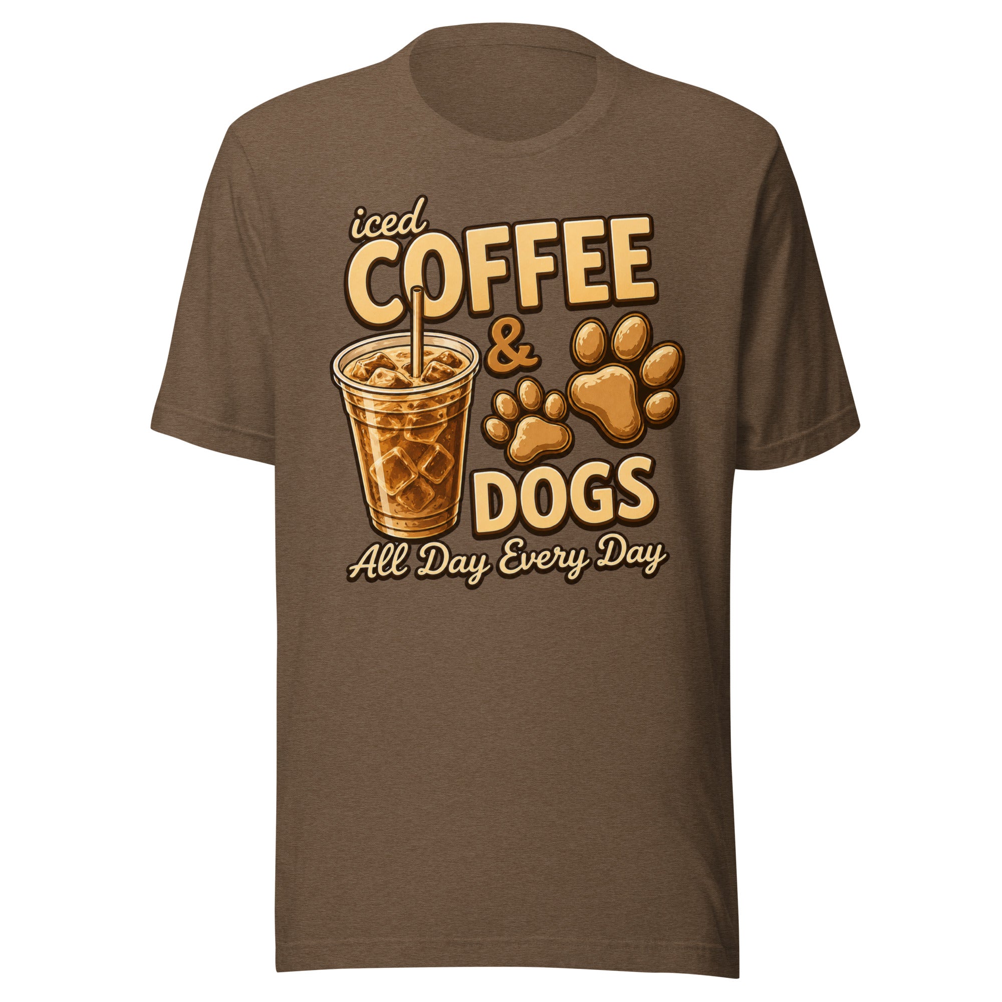 Iced Coffee & Dogs All Day Every Day Unisex T-Shirt - Funny Dog Lover Tee . Heather Brown