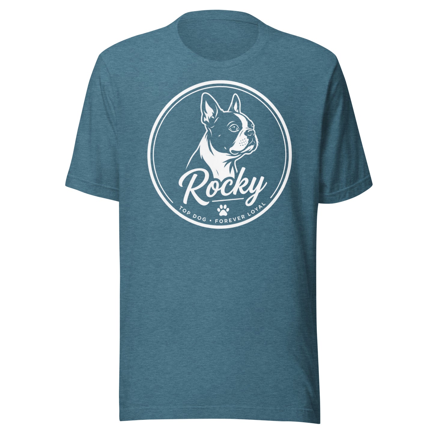 Personalized Dog Silhouette Unisex T-Shirt with Custom Name & Tagline . Heather Deep Teal