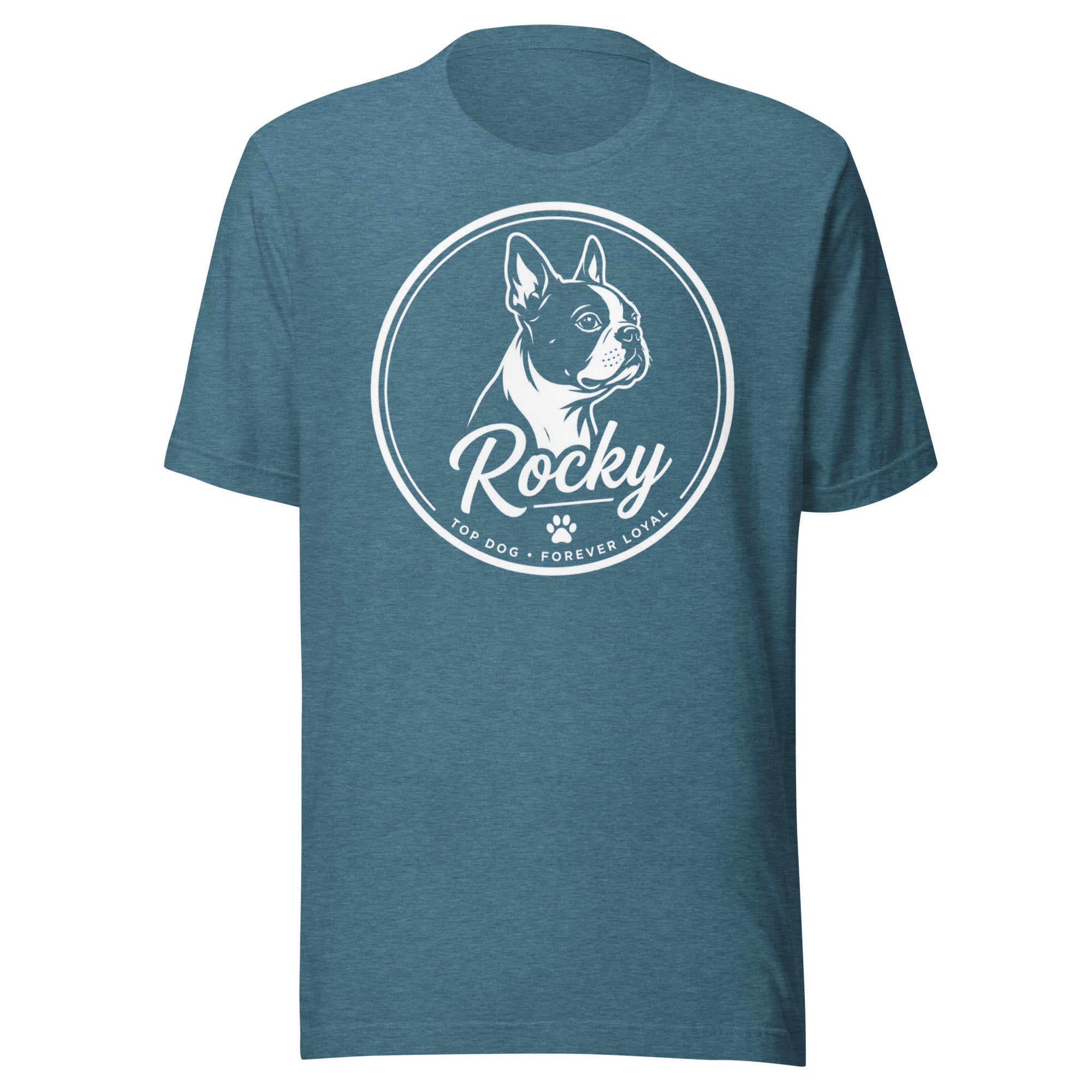 Personalized Dog Silhouette Unisex T-Shirt with Custom Name & Tagline . Heather Deep Teal