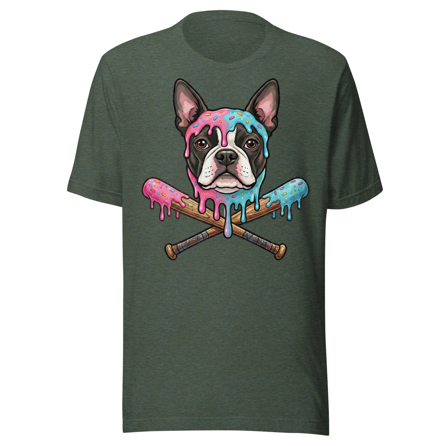 Baseball Drip Boston Terrier Dog Unisex T-Shirt . Heather Forest