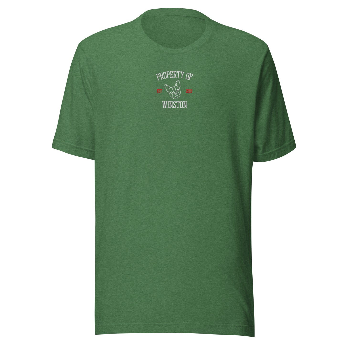 Property Of My Dog Custom Embroidered Unisex T-Shirt . Heather Grass Green