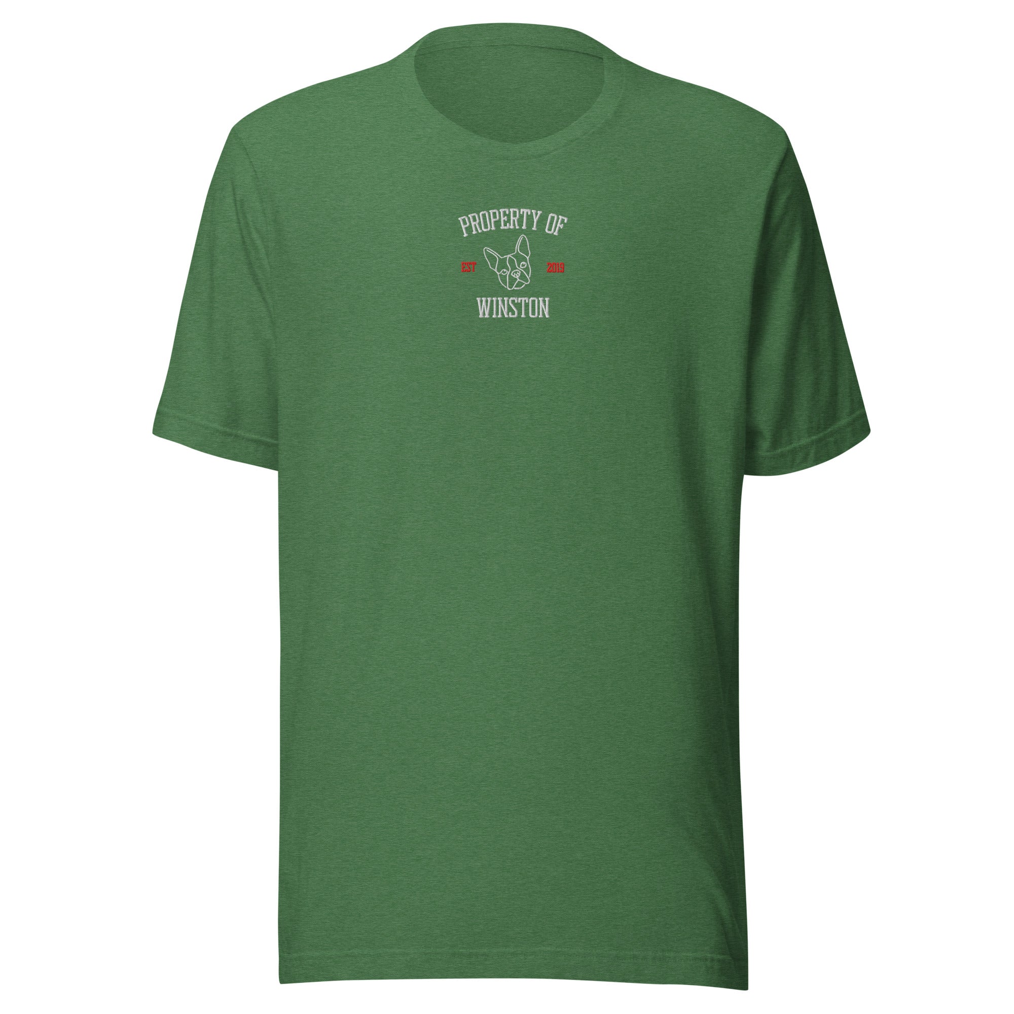 Property Of My Dog Custom Embroidered Unisex T-Shirt . Heather Grass Green