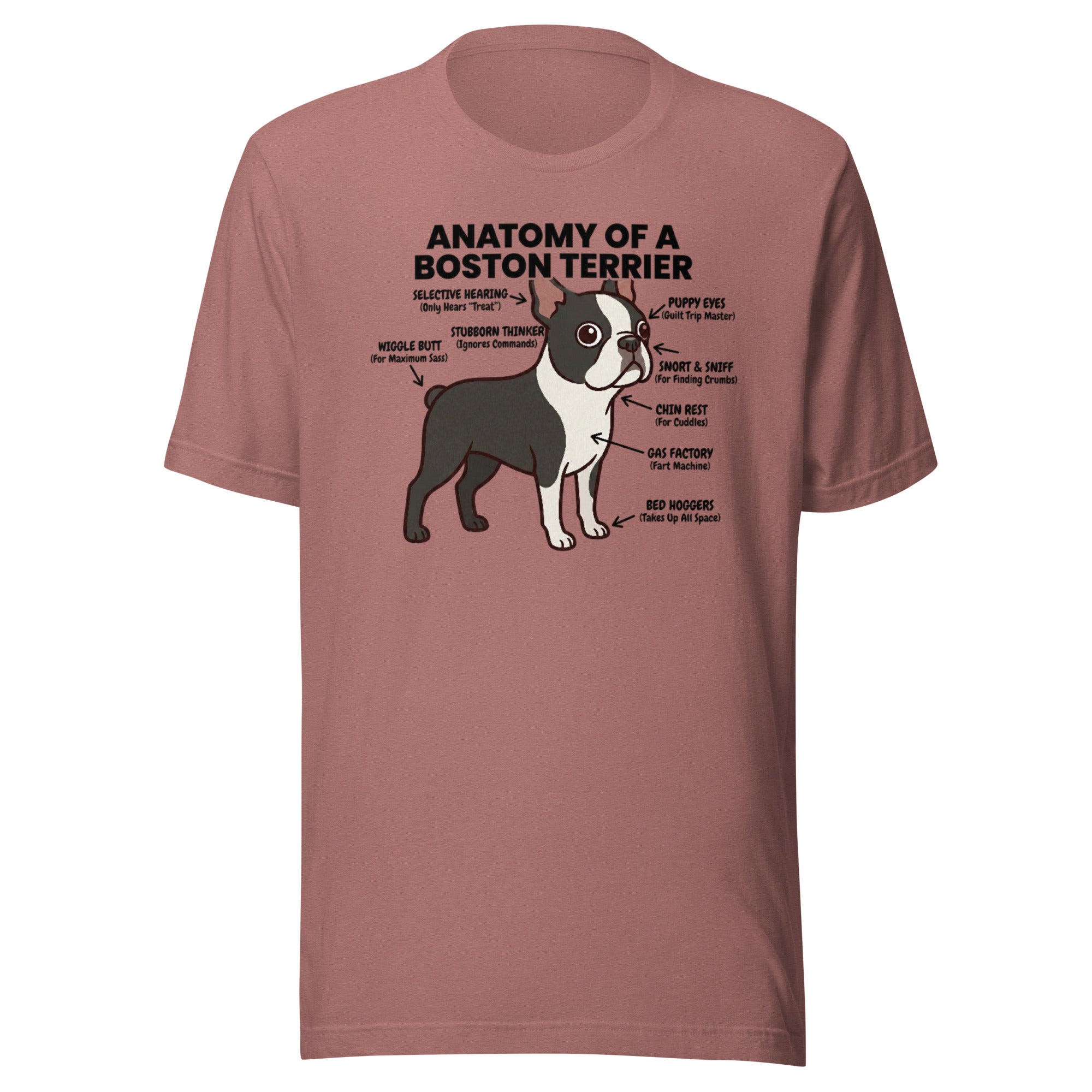 Boston Terrier Anatomy Illustrated Unisex T-Shirt . Heather Mauve