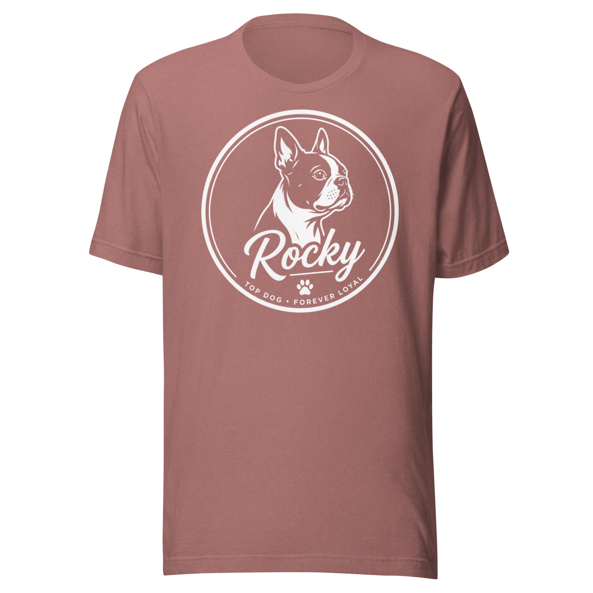Personalized Dog Silhouette Unisex T-Shirt with Custom Name & Tagline . Heather Mauve