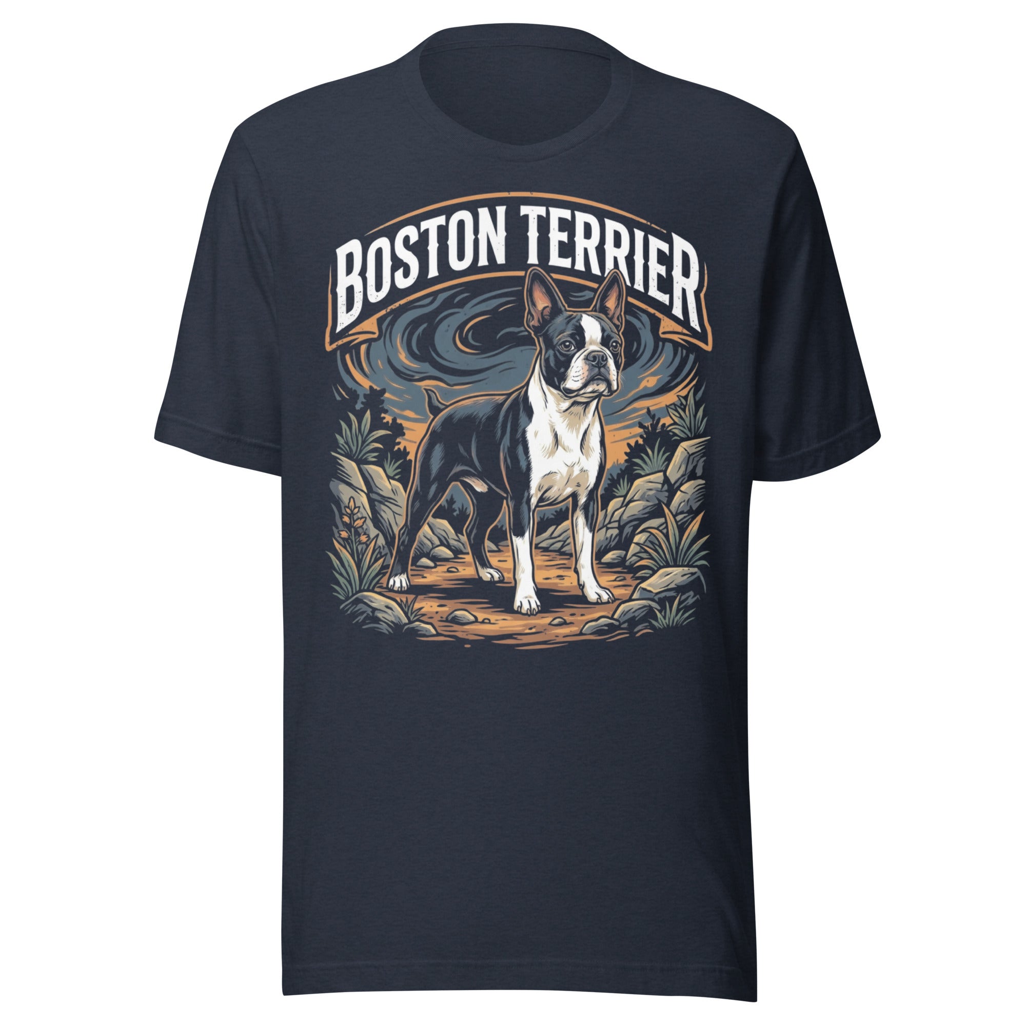 Boston Terrier Wilderness Guardian Unisex T-Shirt . Heather Navy