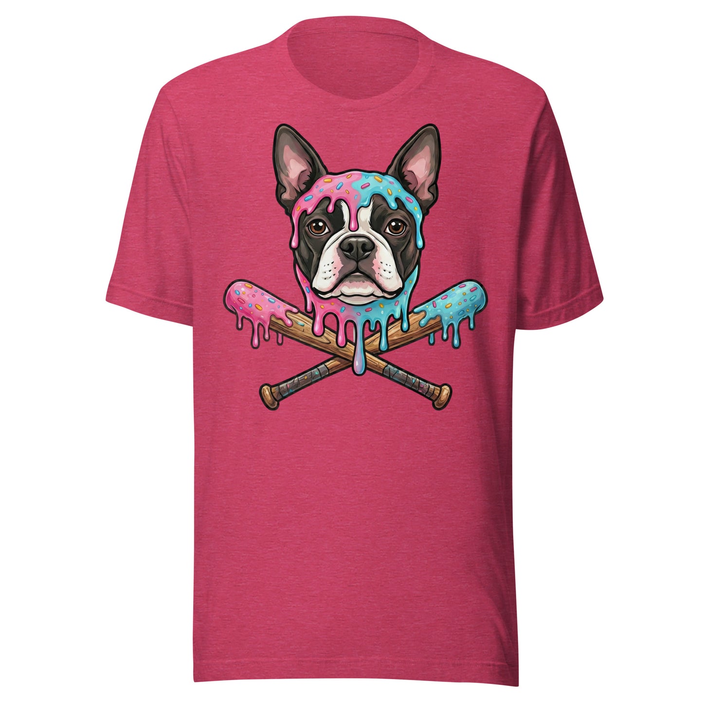 Baseball Drip Boston Terrier Dog Unisex T-Shirt . Heather Raspberry