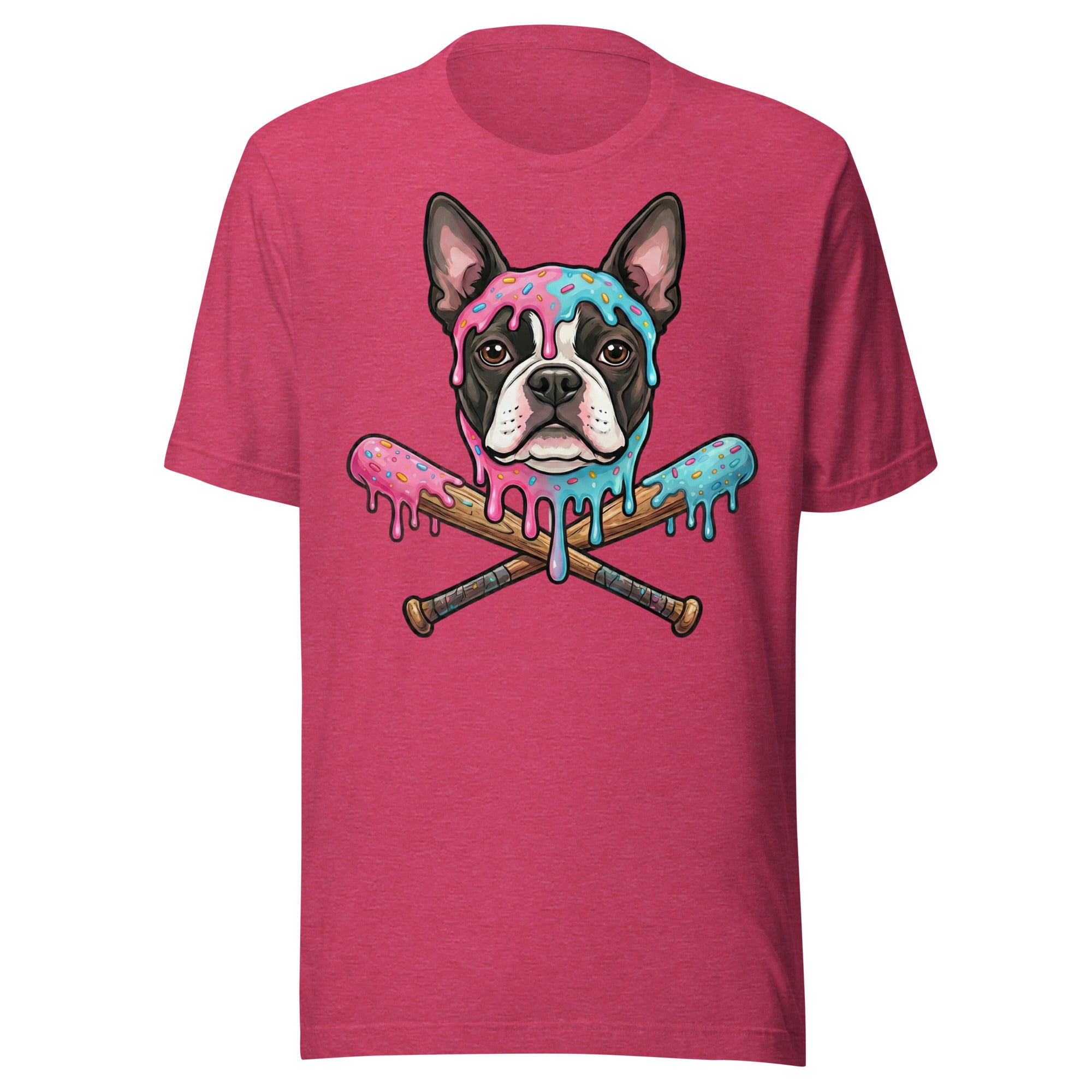 Baseball Drip Boston Terrier Dog Unisex T-Shirt . Heather Raspberry