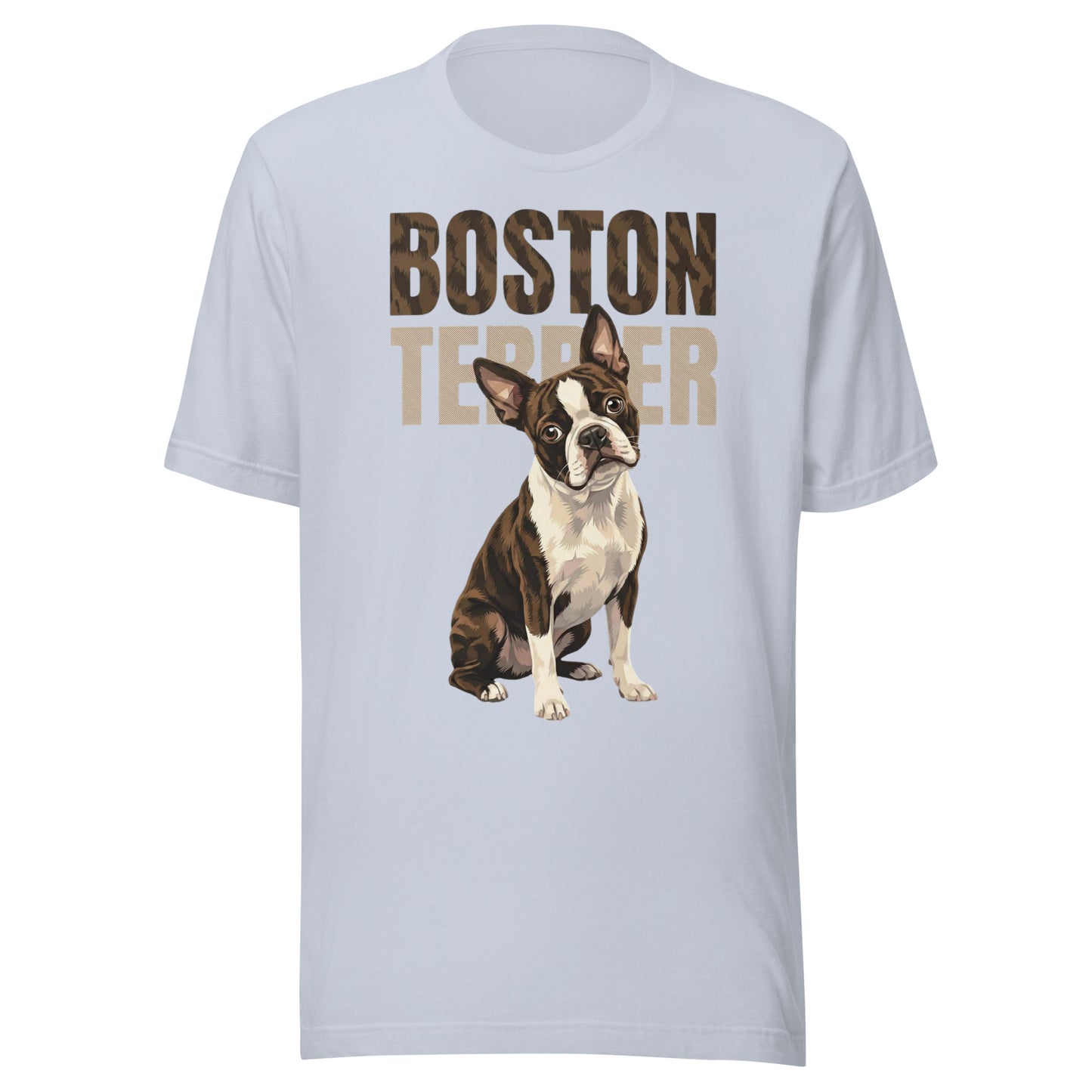 Brindle Boston Terrier Dog Unisex T-Shirt . Light Blue