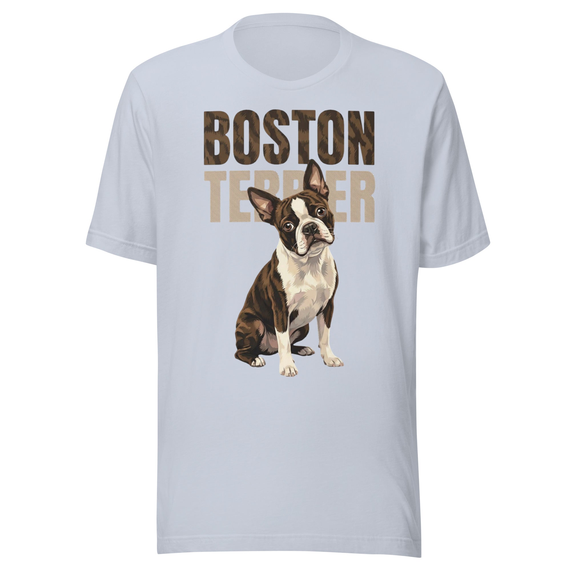 Brindle Boston Terrier Dog Unisex T-Shirt . Light Blue