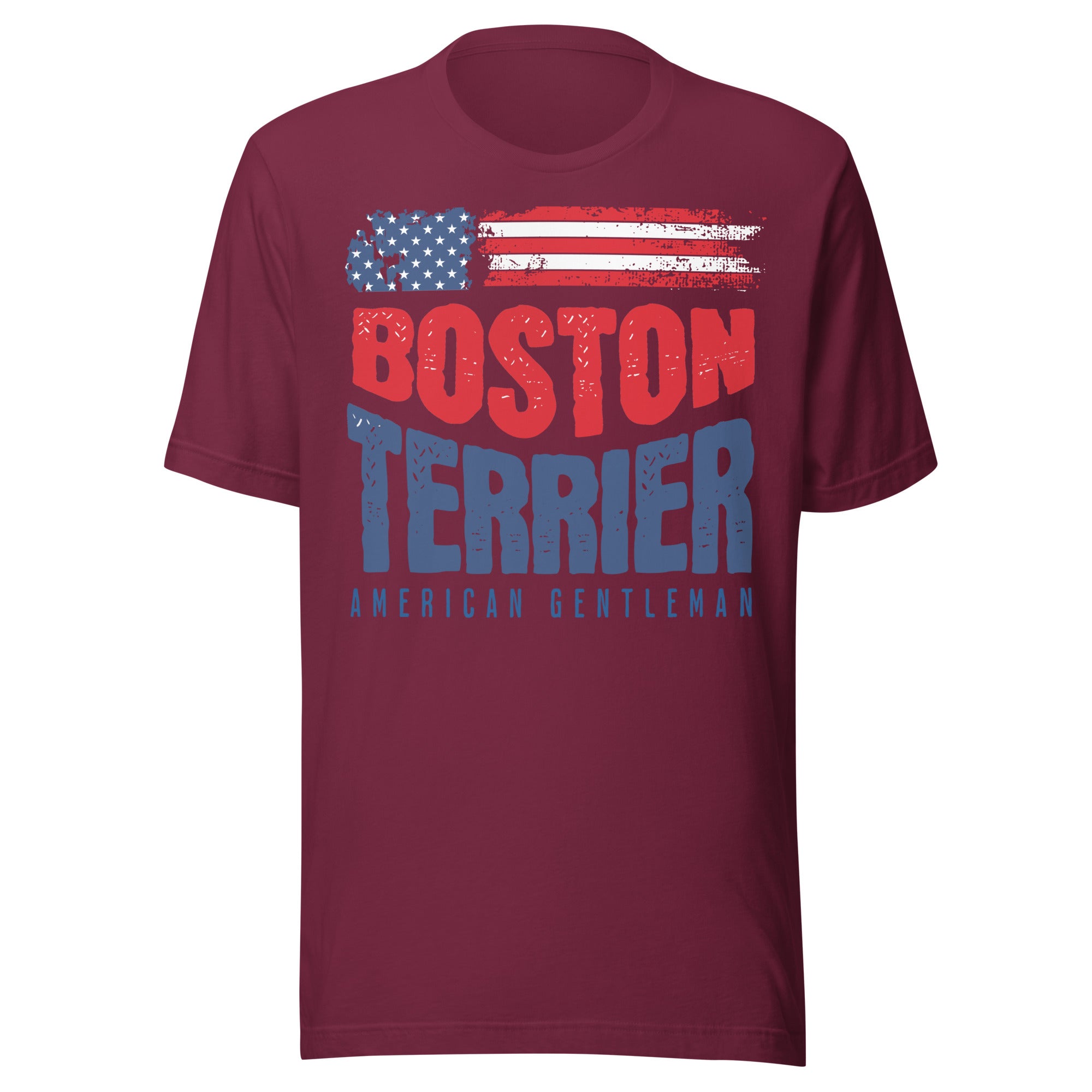 Boston Terrier American Flag Unisex T-Shirt – 4th of July Patriotic Dog Tee | USA 250th Birthday Shirt . Maroon