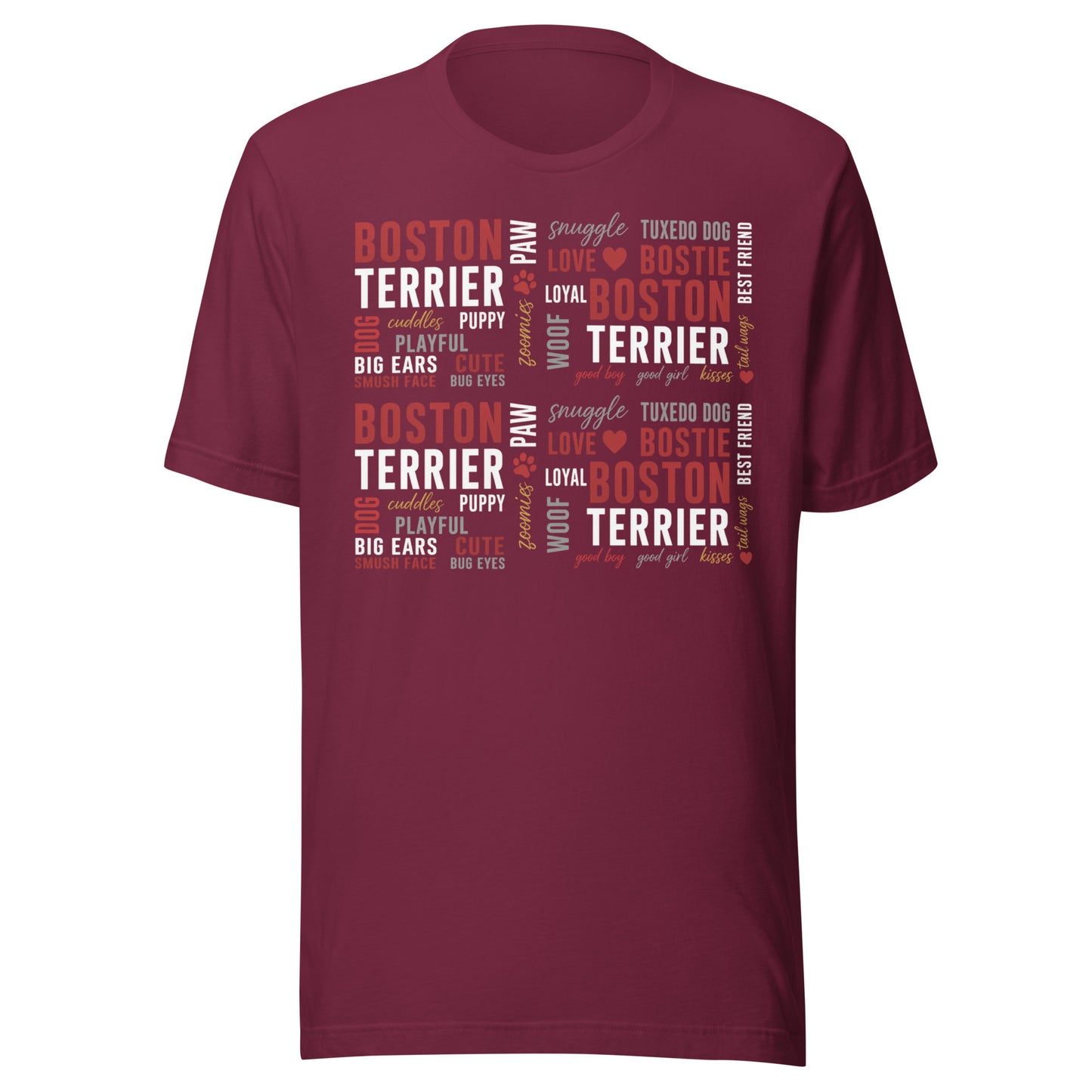 Boston Terrier Word Collage Unisex T-Shirt – Dog Lover Typography Art . Maroon