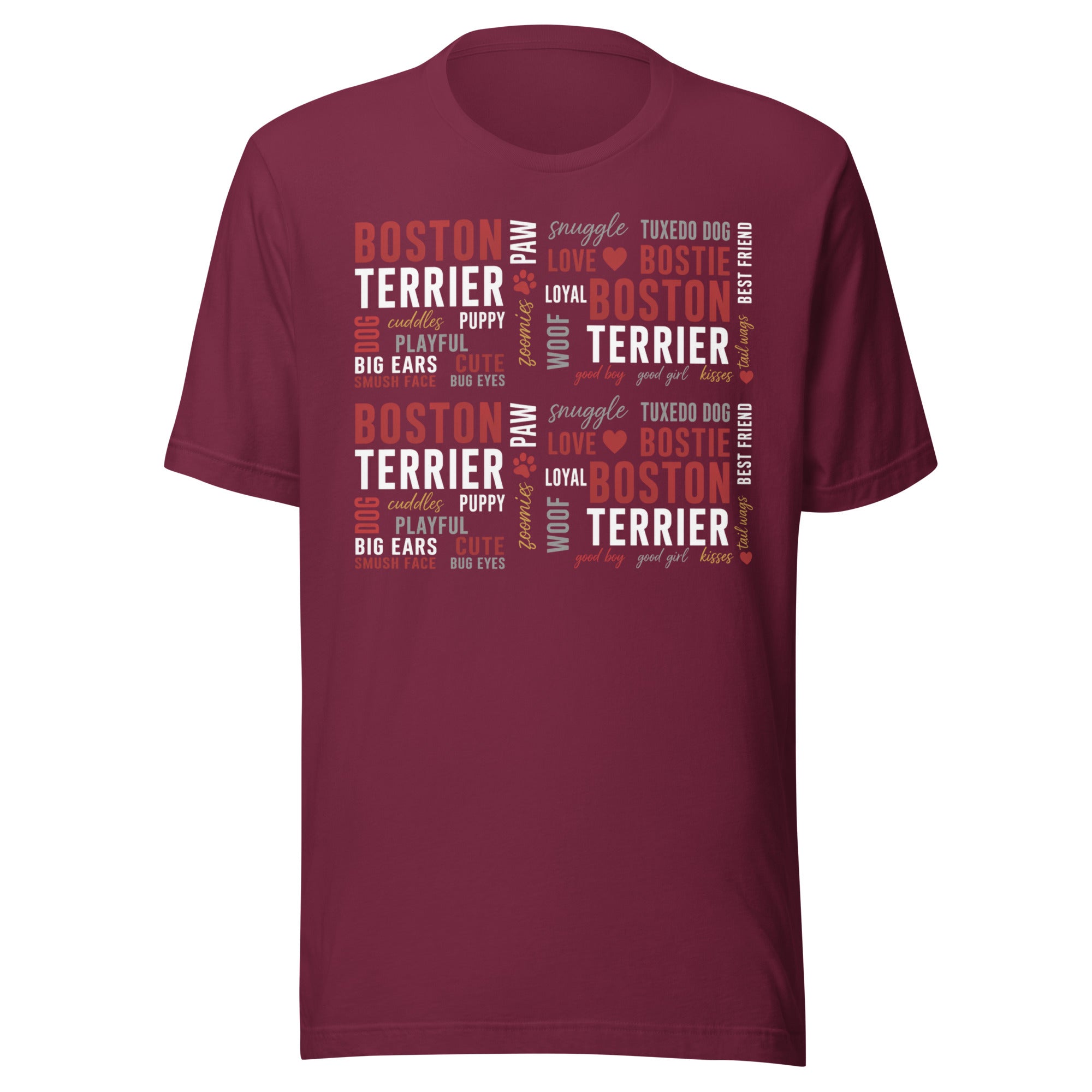 Boston Terrier Word Collage Unisex T-Shirt – Dog Lover Typography Art . Maroon