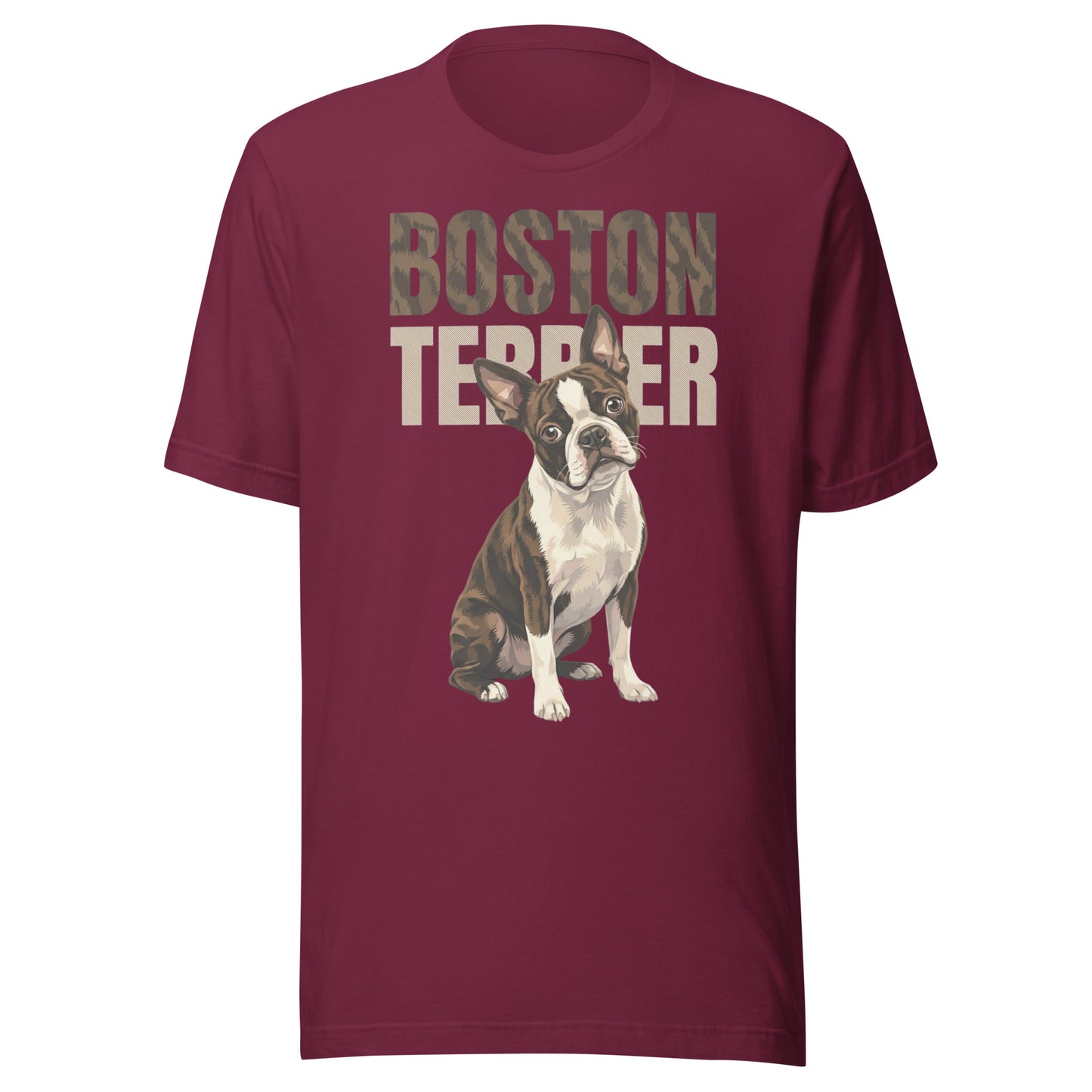 Brindle Boston Terrier Dog Unisex T-Shirt . Maroon