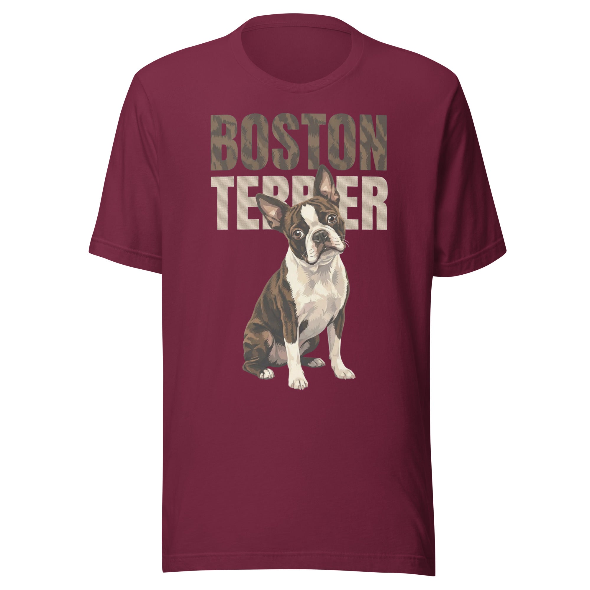 Brindle Boston Terrier Dog Unisex T-Shirt . Maroon