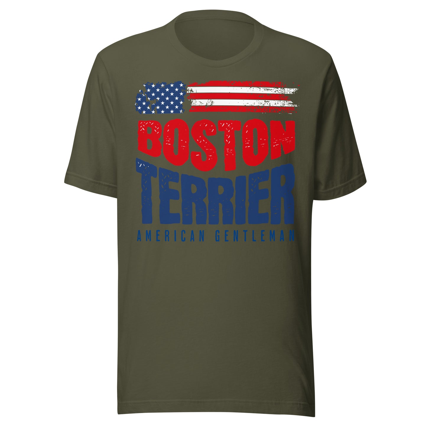 Boston Terrier American Flag Unisex T-Shirt – 4th of July Patriotic Dog Tee | USA 250th Birthday Shirt . Military Green