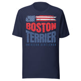 Boston Terrier American Flag Unisex T-Shirt – 4th of July Patriotic Dog Tee | USA 250th Birthday Shirt . Navy