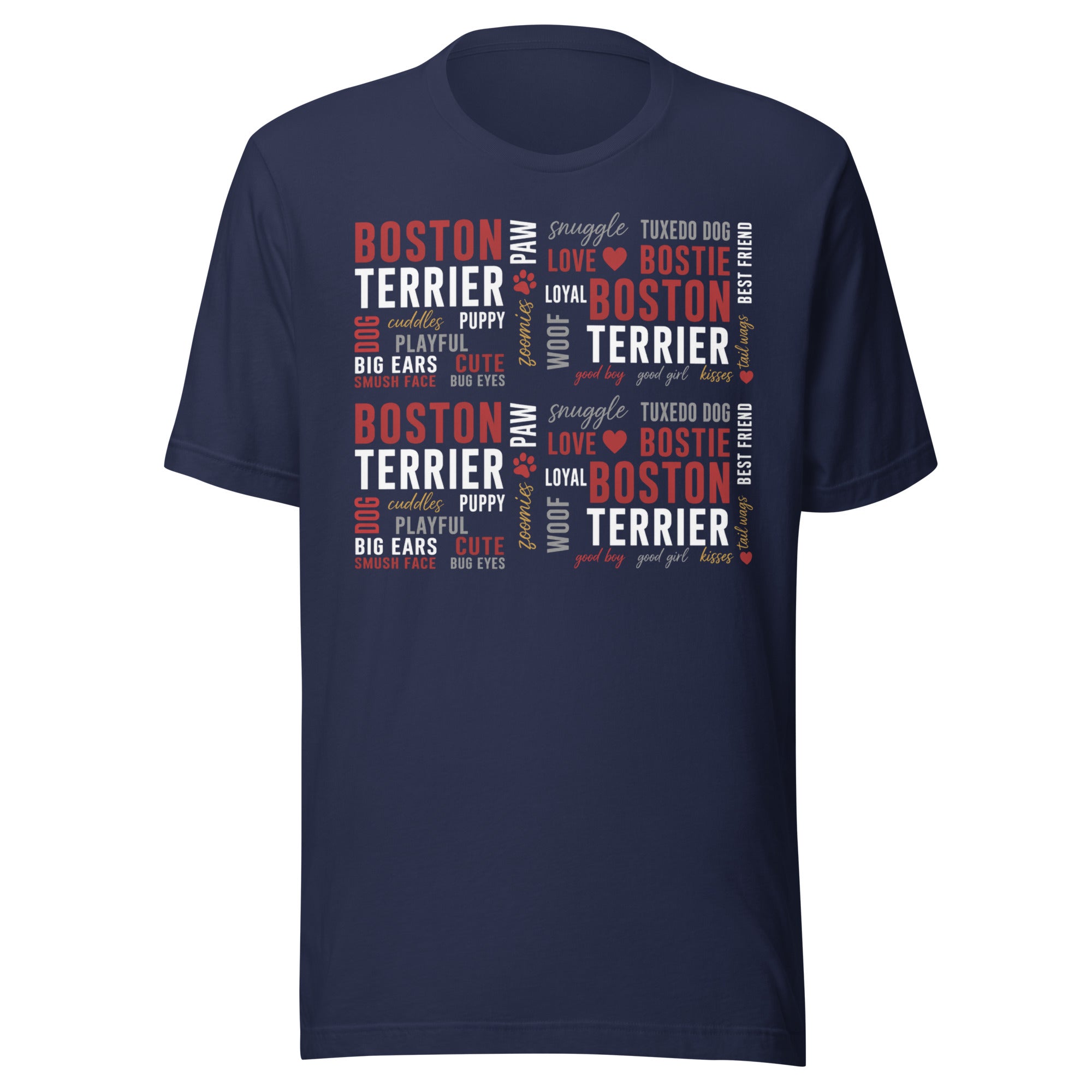 Boston Terrier Word Collage Unisex T-Shirt – Dog Lover Typography Art . Navy