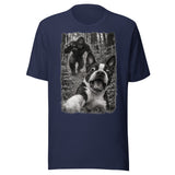 Boston Terrier Bigfoot Chase – Funny Sasquatch Dog Graphic Unisex T-Shirt . Navy