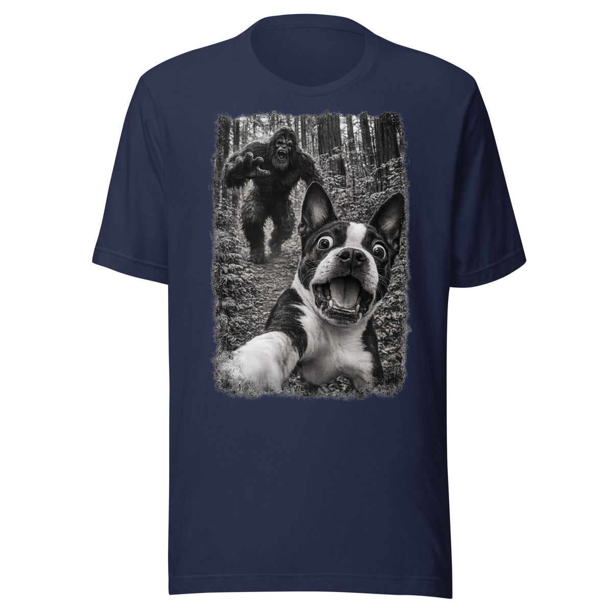Boston Terrier Bigfoot Chase – Funny Sasquatch Dog Graphic Unisex T-Shirt . Navy