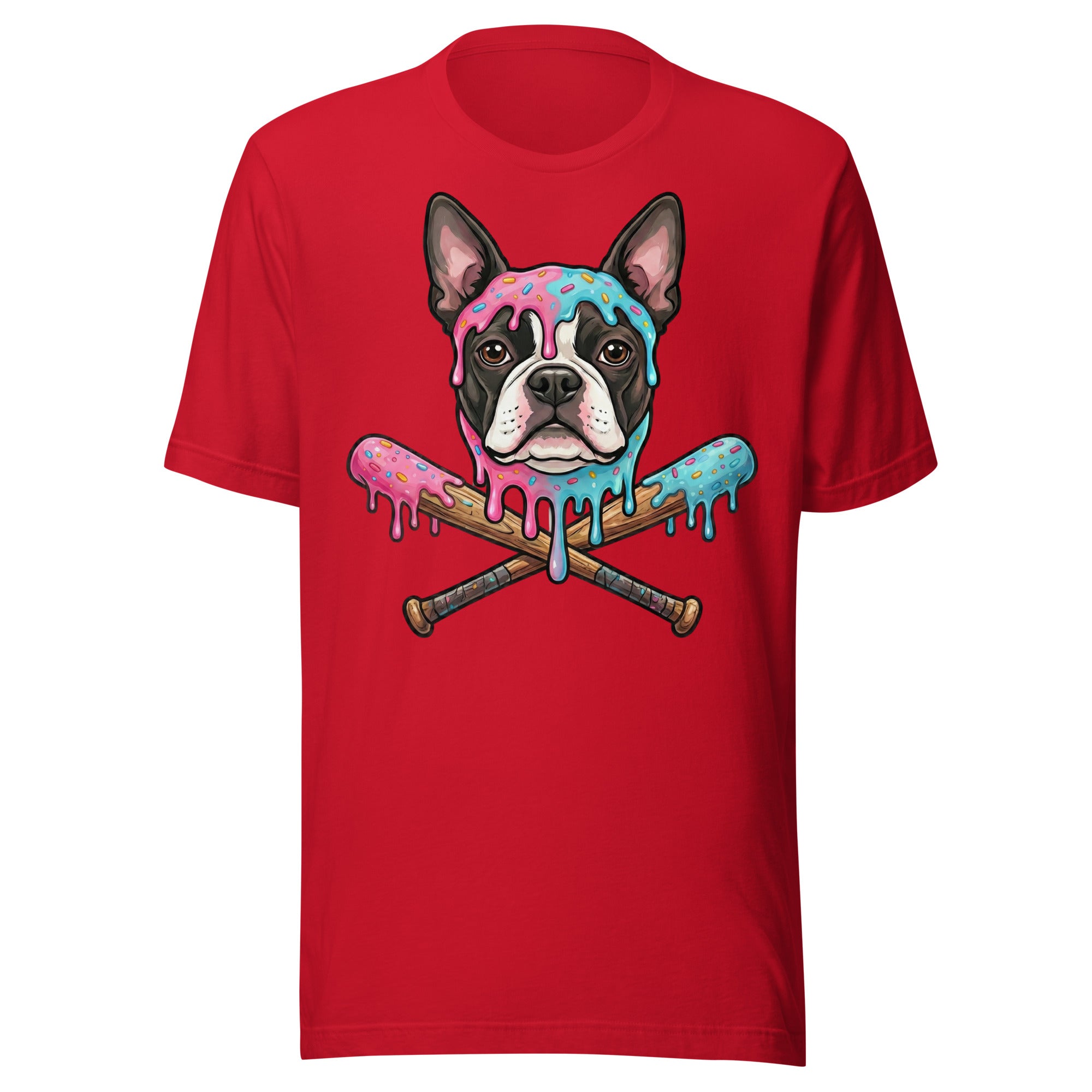 Baseball Drip Boston Terrier Dog Unisex T-Shirt . Red