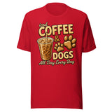 Iced Coffee & Dogs All Day Every Day Unisex T-Shirt - Funny Dog Lover Tee . Red