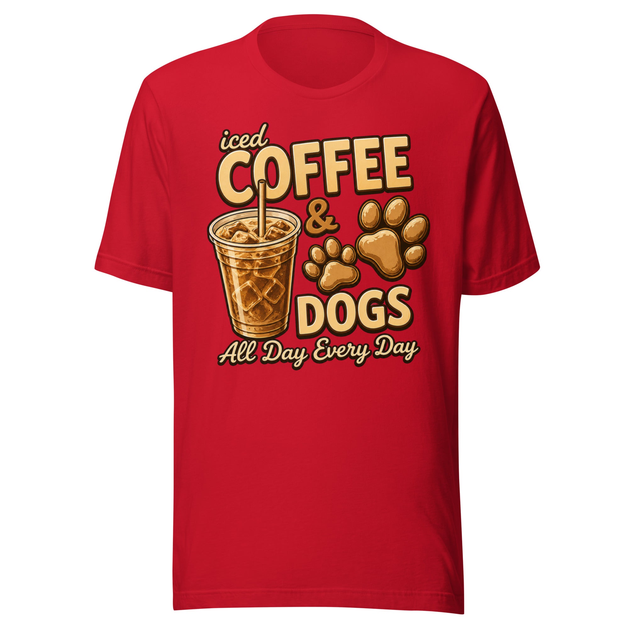 Iced Coffee & Dogs All Day Every Day Unisex T-Shirt - Funny Dog Lover Tee . Red
