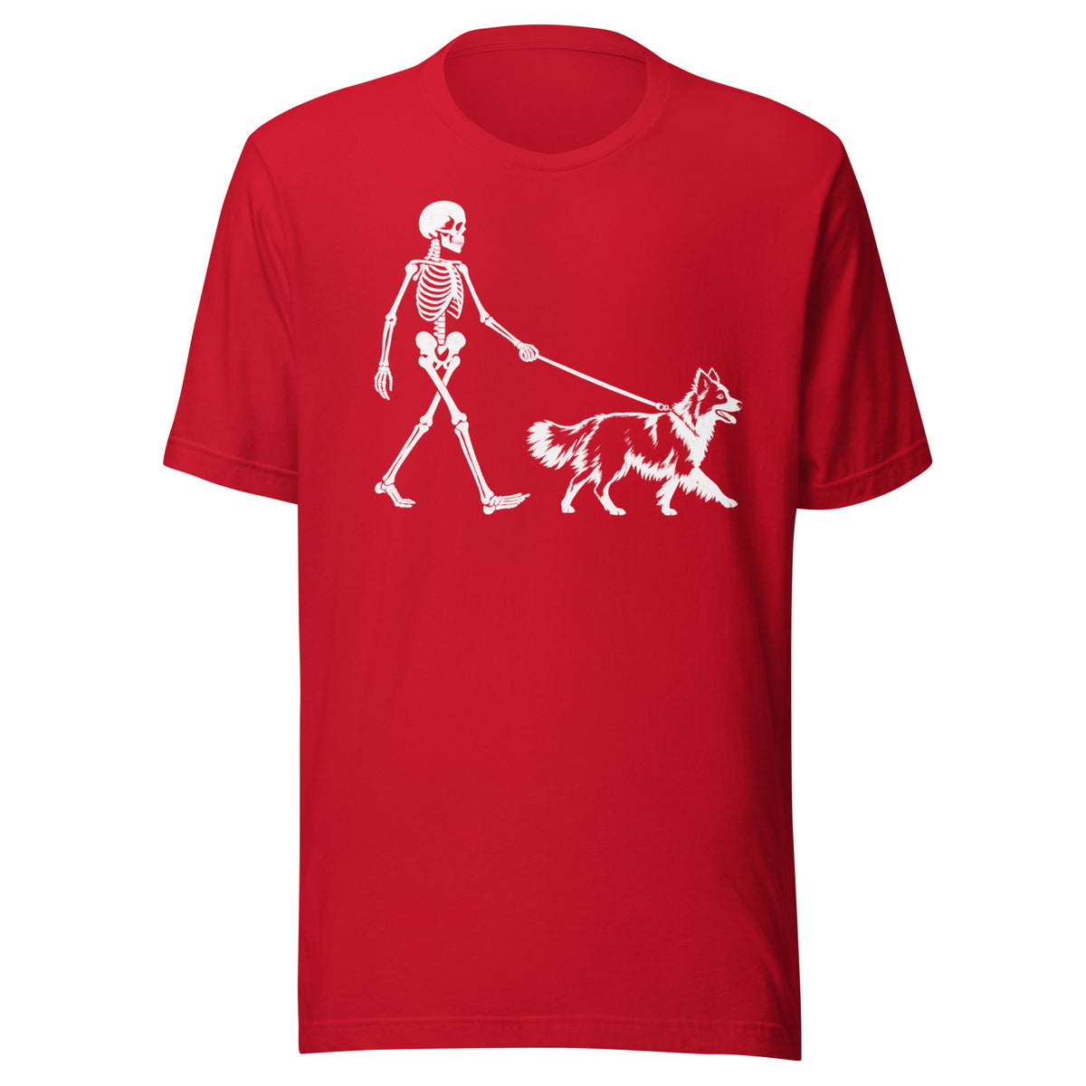 Skeleton Walking Border Collie Halloween Unisex T-Shirt . Red