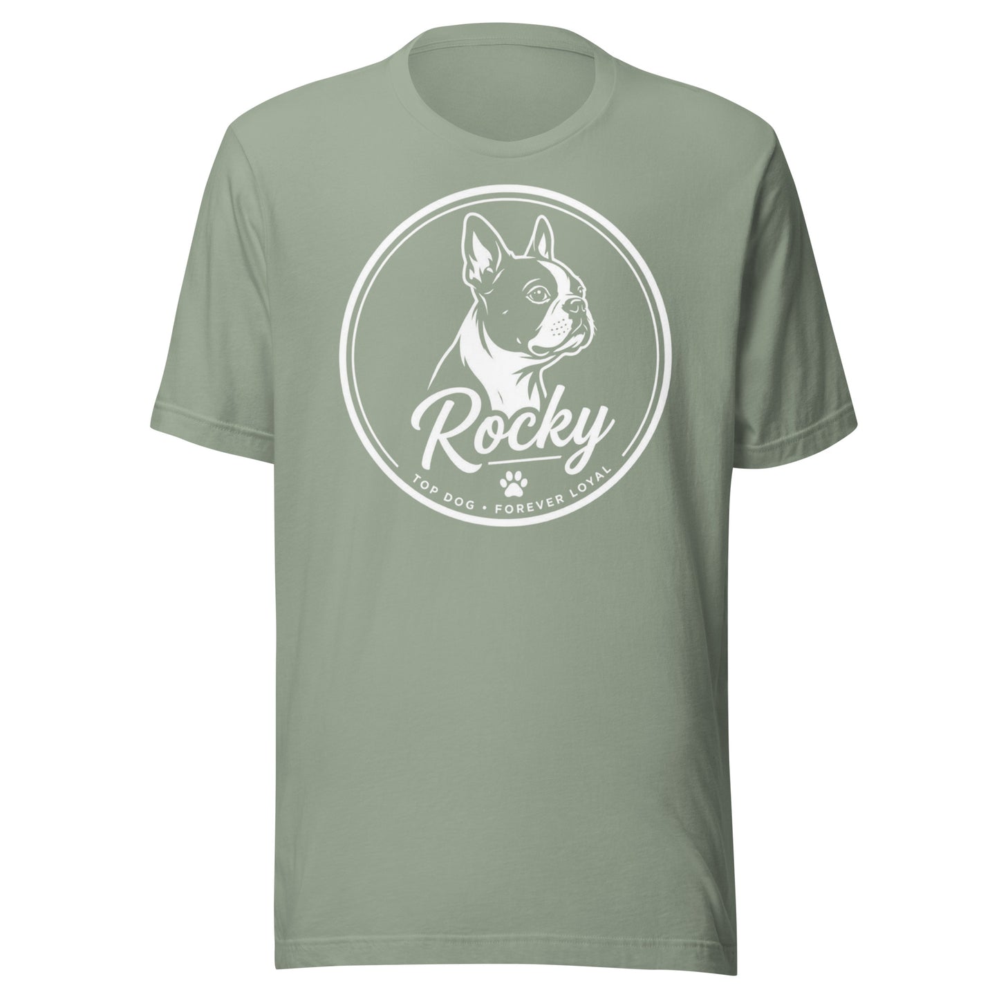 Personalized Dog Silhouette Unisex T-Shirt with Custom Name & Tagline . Sage