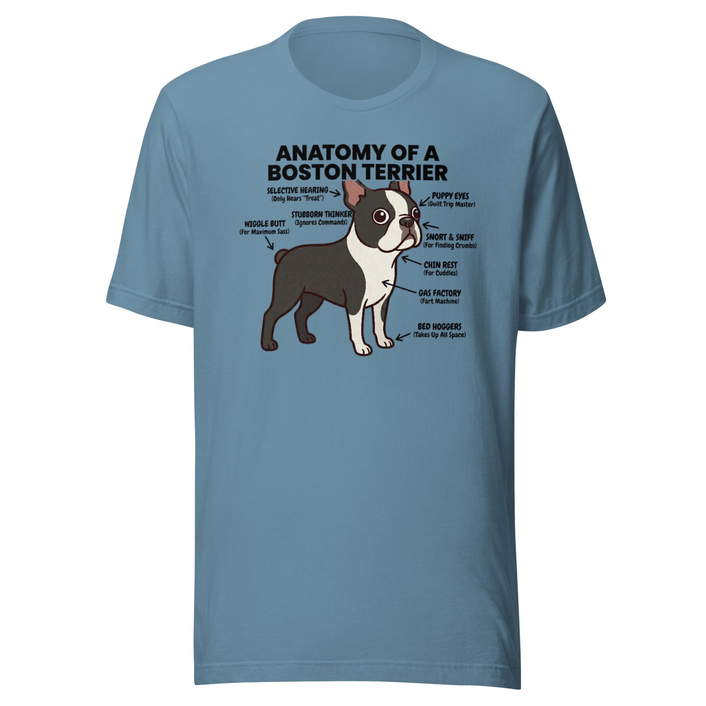Boston Terrier Anatomy Illustrated Unisex T-Shirt . Steel Blue