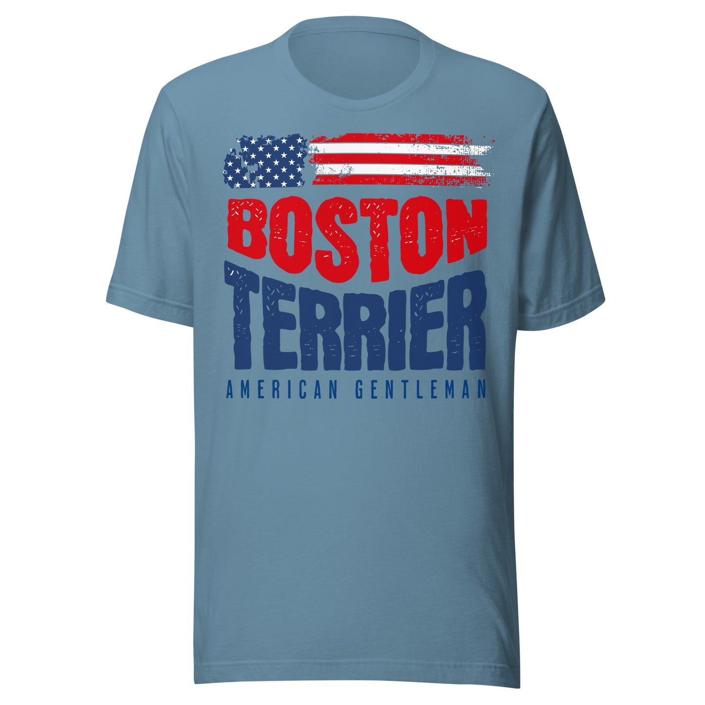 Boston Terrier American Flag Unisex T-Shirt – 4th of July Patriotic Dog Tee | USA 250th Birthday Shirt . Steel Blue