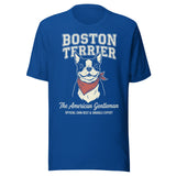 Boston Terrier “The American Gentleman” Chin Rest & Snuggle Expert Unisex T-Shirt . True Royal