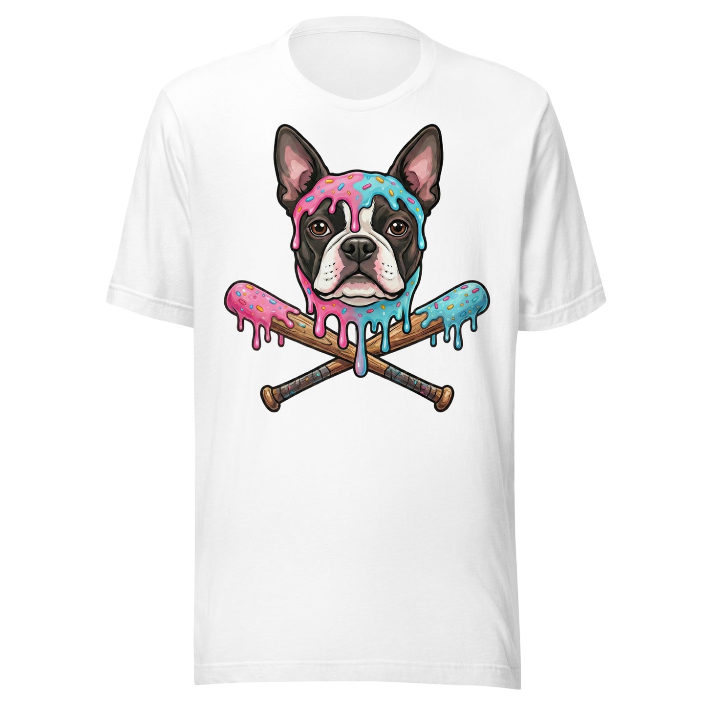 Baseball Drip Boston Terrier Dog Unisex T-Shirt . White