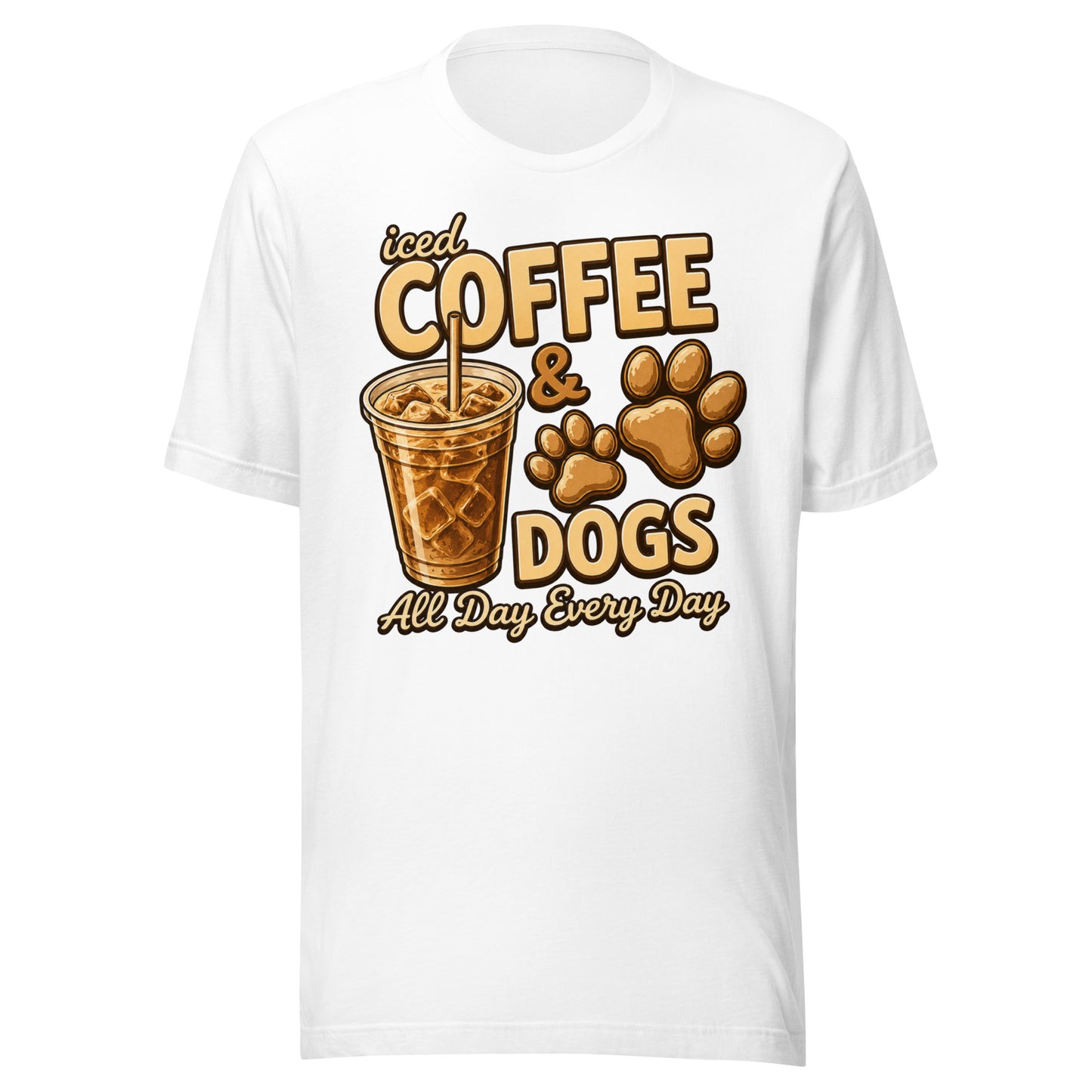 Iced Coffee & Dogs All Day Every Day Unisex T-Shirt - Funny Dog Lover Tee . White