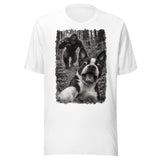 Boston Terrier Bigfoot Chase – Funny Sasquatch Dog Graphic Unisex T-Shirt . White