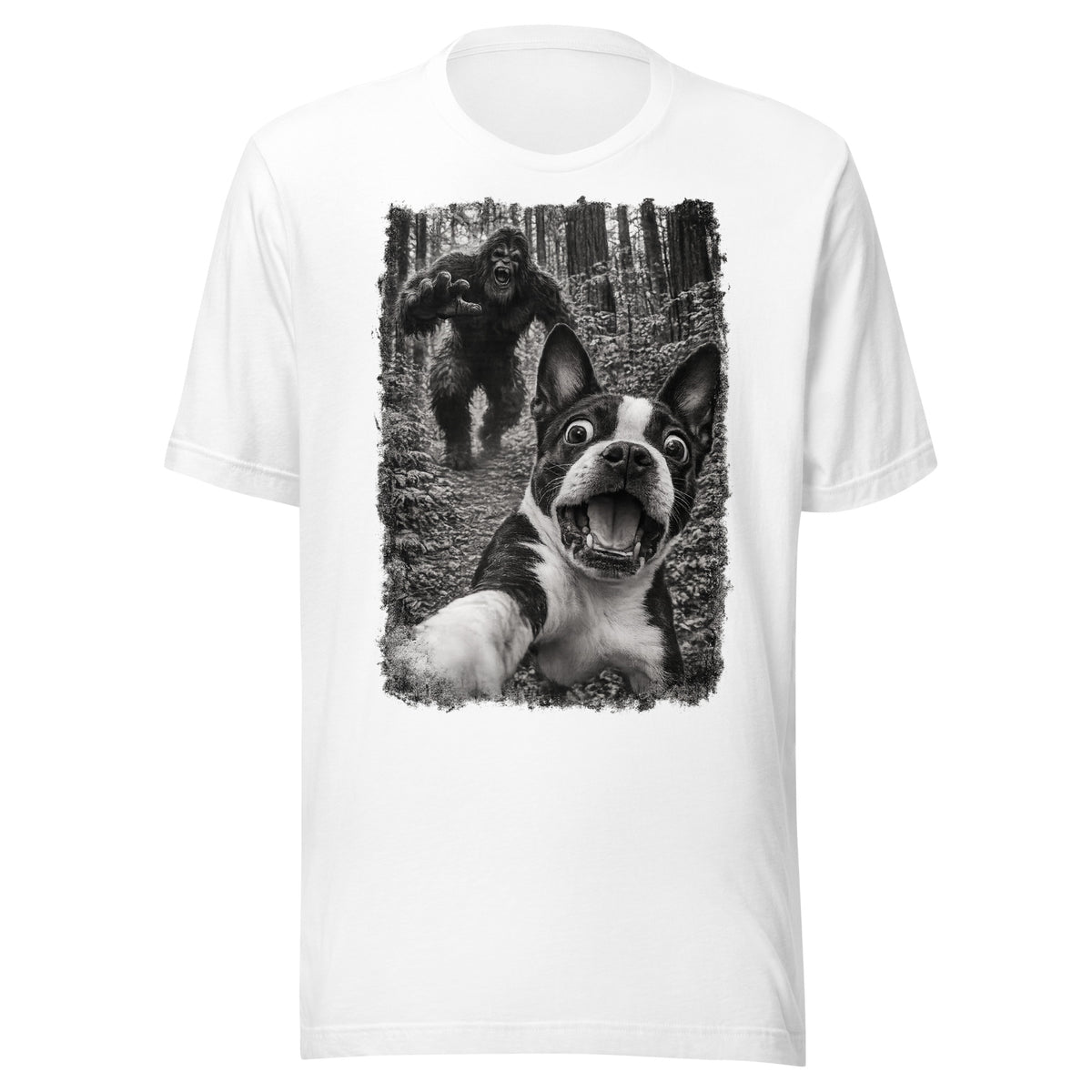 Boston Terrier Bigfoot Chase – Funny Sasquatch Dog Graphic Unisex T-Shirt . White