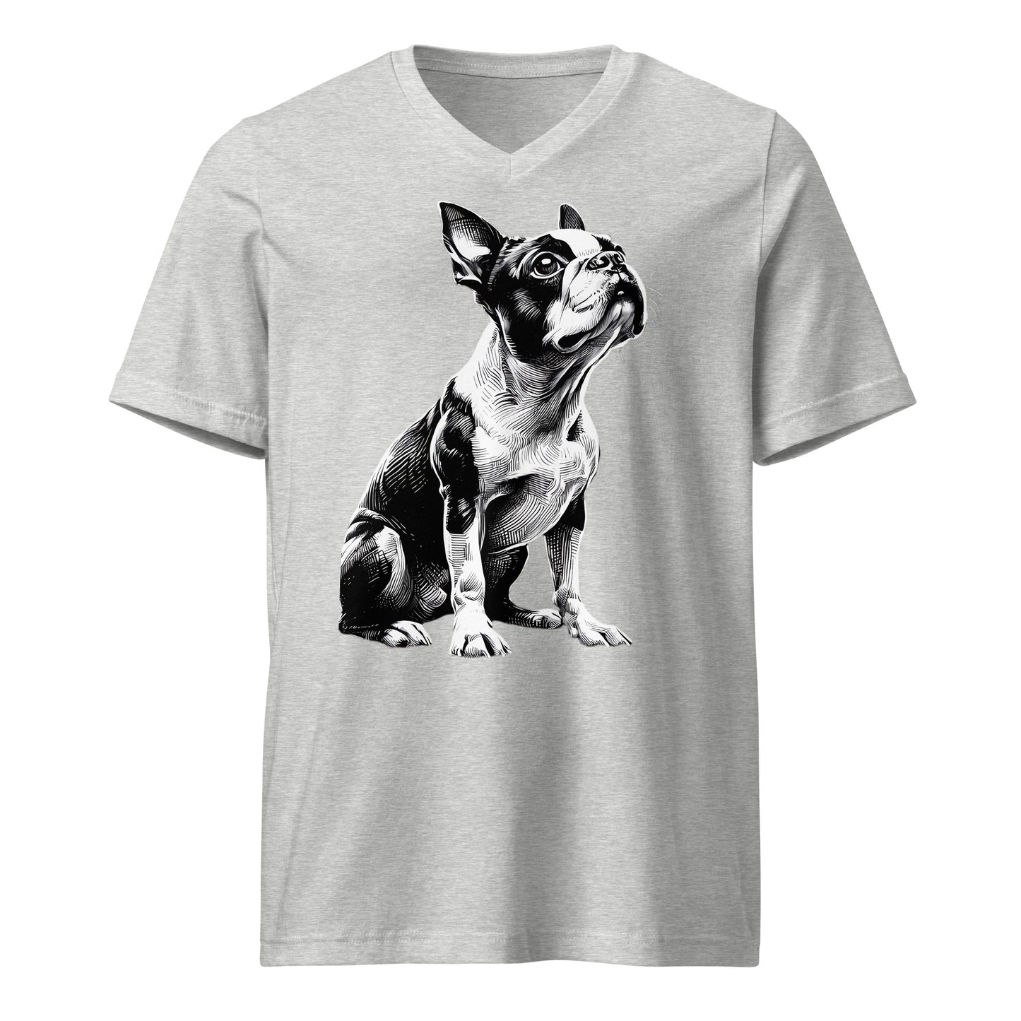 Boston Terrier Line Art Unisex Short Sleeve V-Neck T-Shirt . Athletic Heather