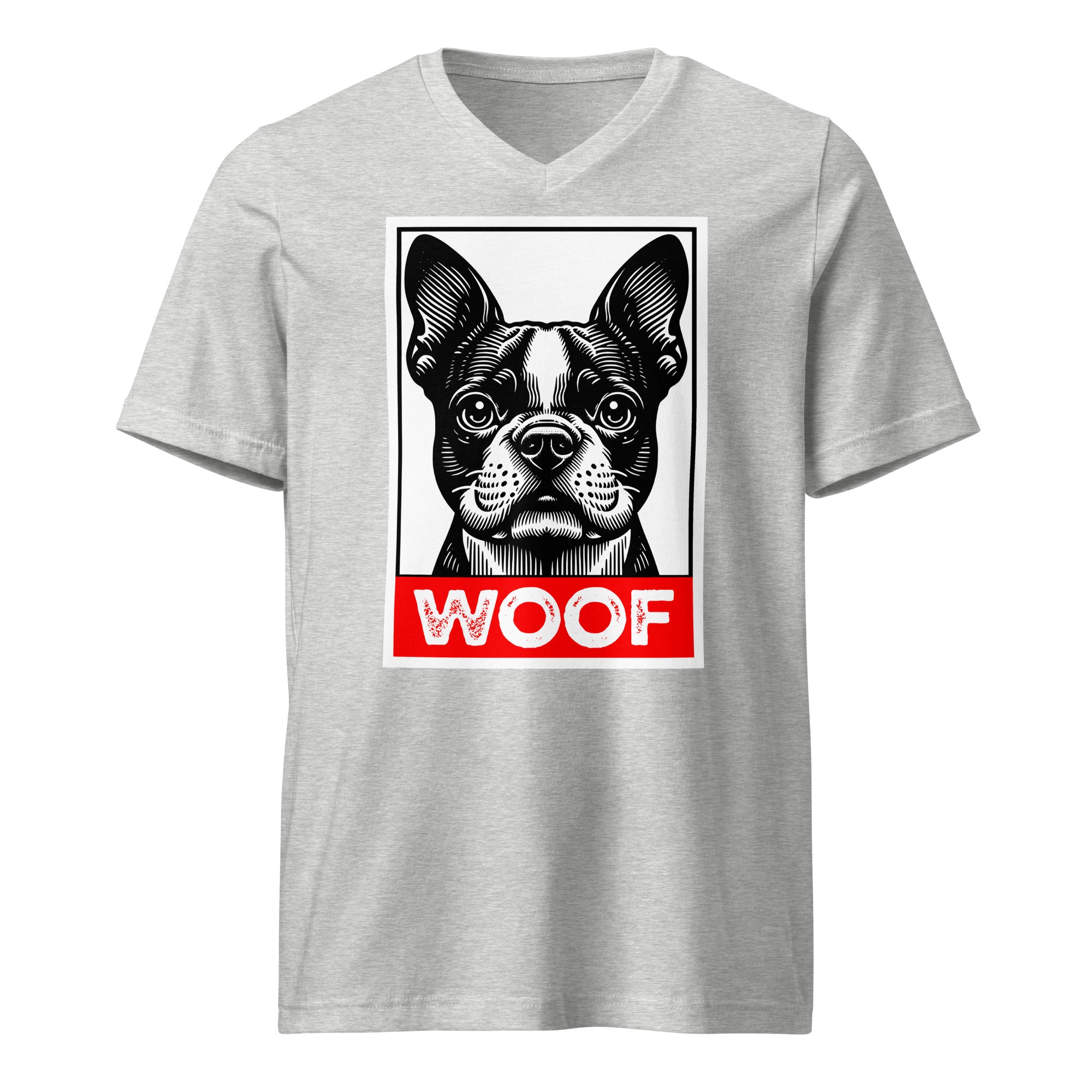 Woof Boston Terrier Dog Unisex Short Sleeve V-Neck T-Shirt . Athletic Heather