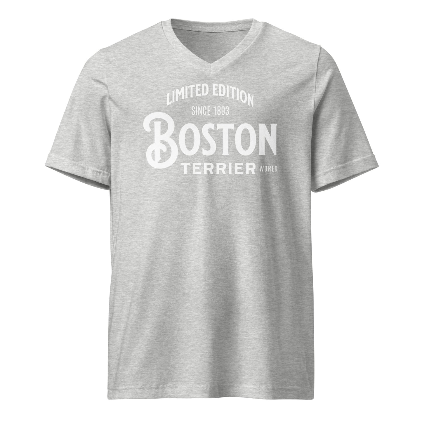 Limited Edition Boston Terrier World Unisex Short Sleeve V-Neck T-Shirt . Athletic Heather