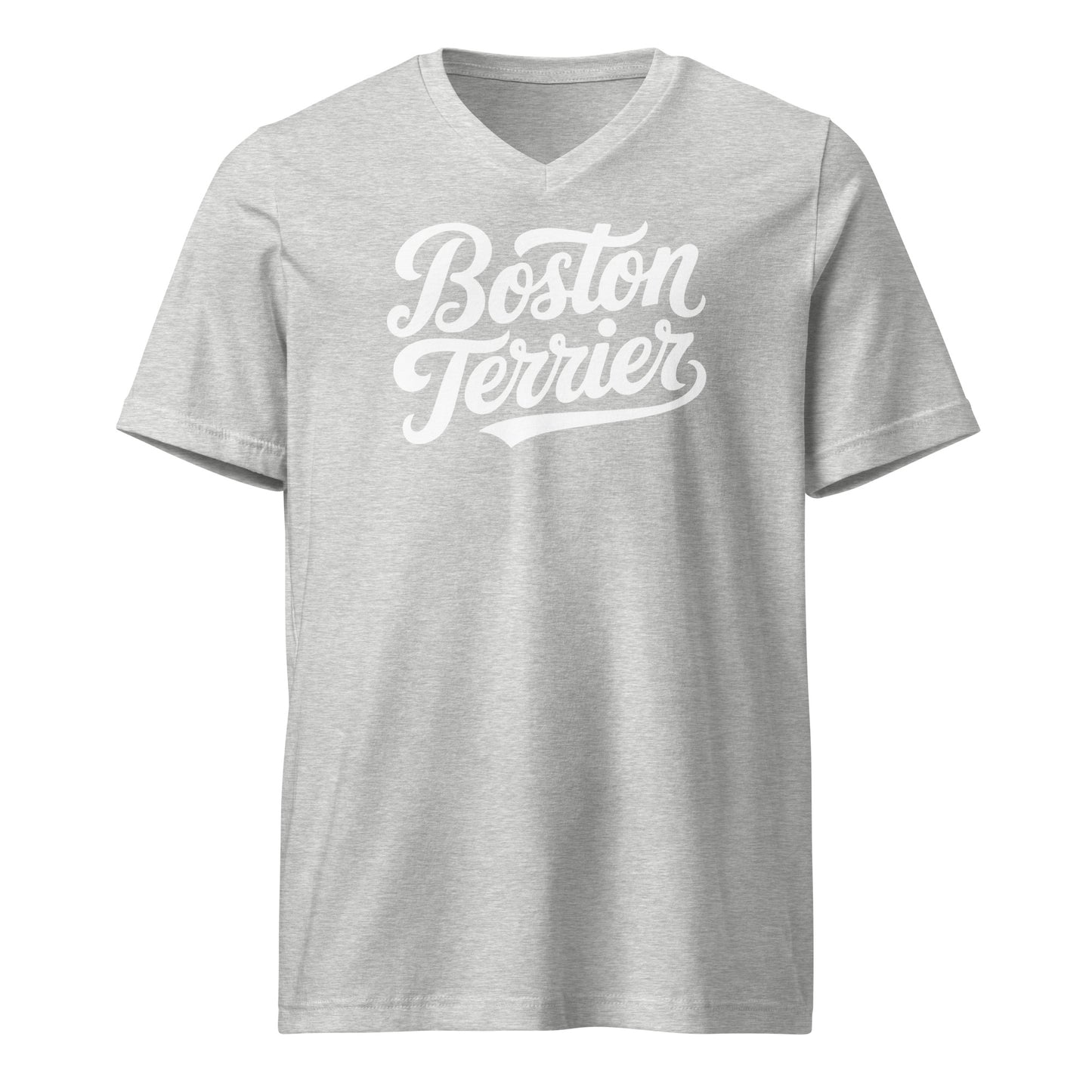 Boston Terrier Unisex Short Sleeve V-Neck T-Shirt . Athletic Heather