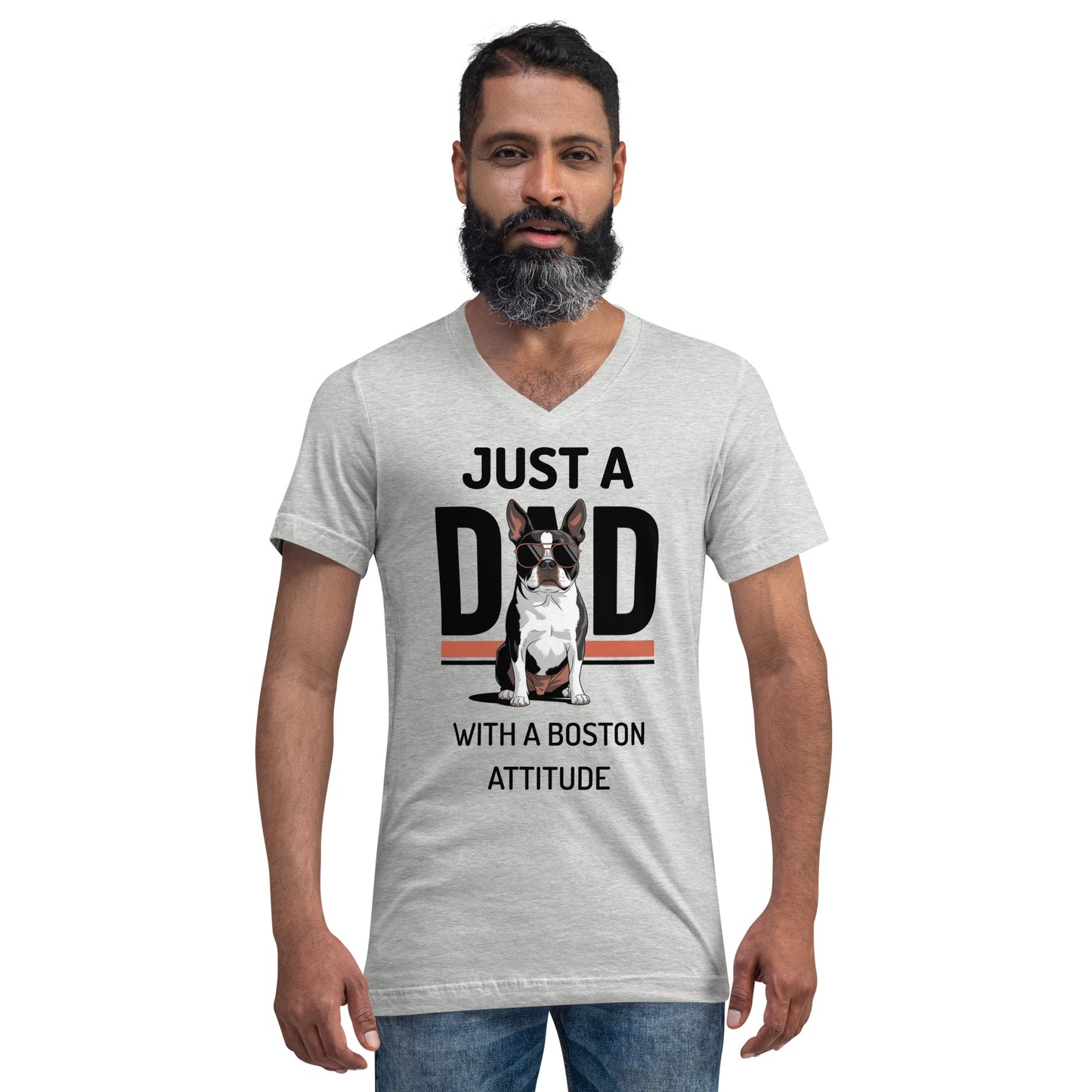Just A Dad With A Boston Attitude Unisex Short Sleeve V-Neck T-Shirt .