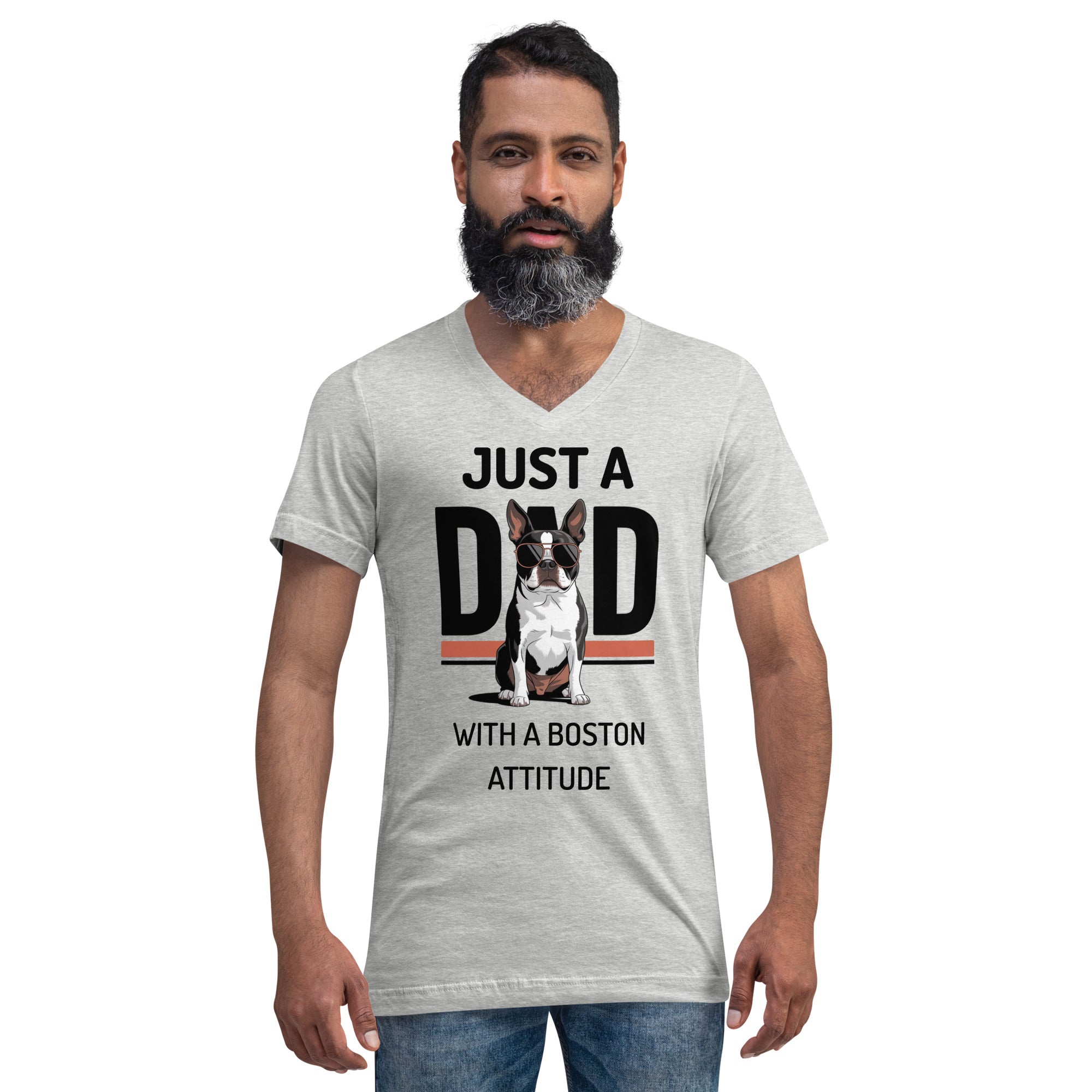 Just A Dad With A Boston Attitude Unisex Short Sleeve V-Neck T-Shirt .