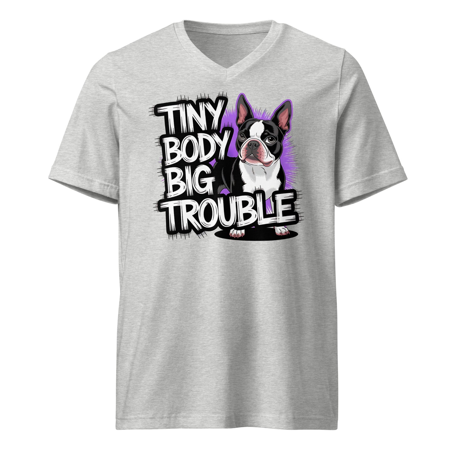 Tiny Body Big Trouble Unisex Short Sleeve V-Neck T-Shirt . Athletic Heather