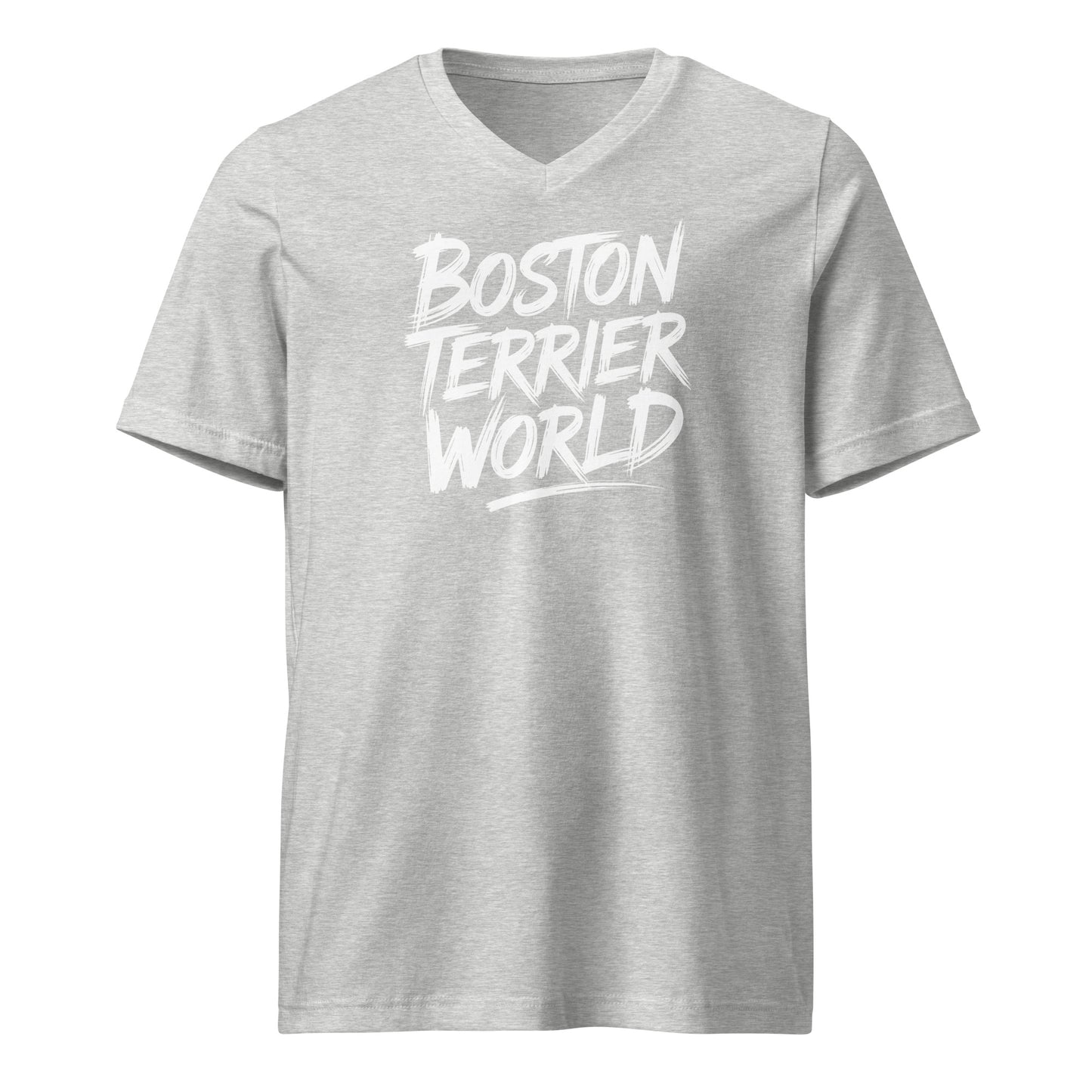 Boston Terrier World Signature Unisex Short Sleeve V-Neck T-Shirt . Athletic Heather