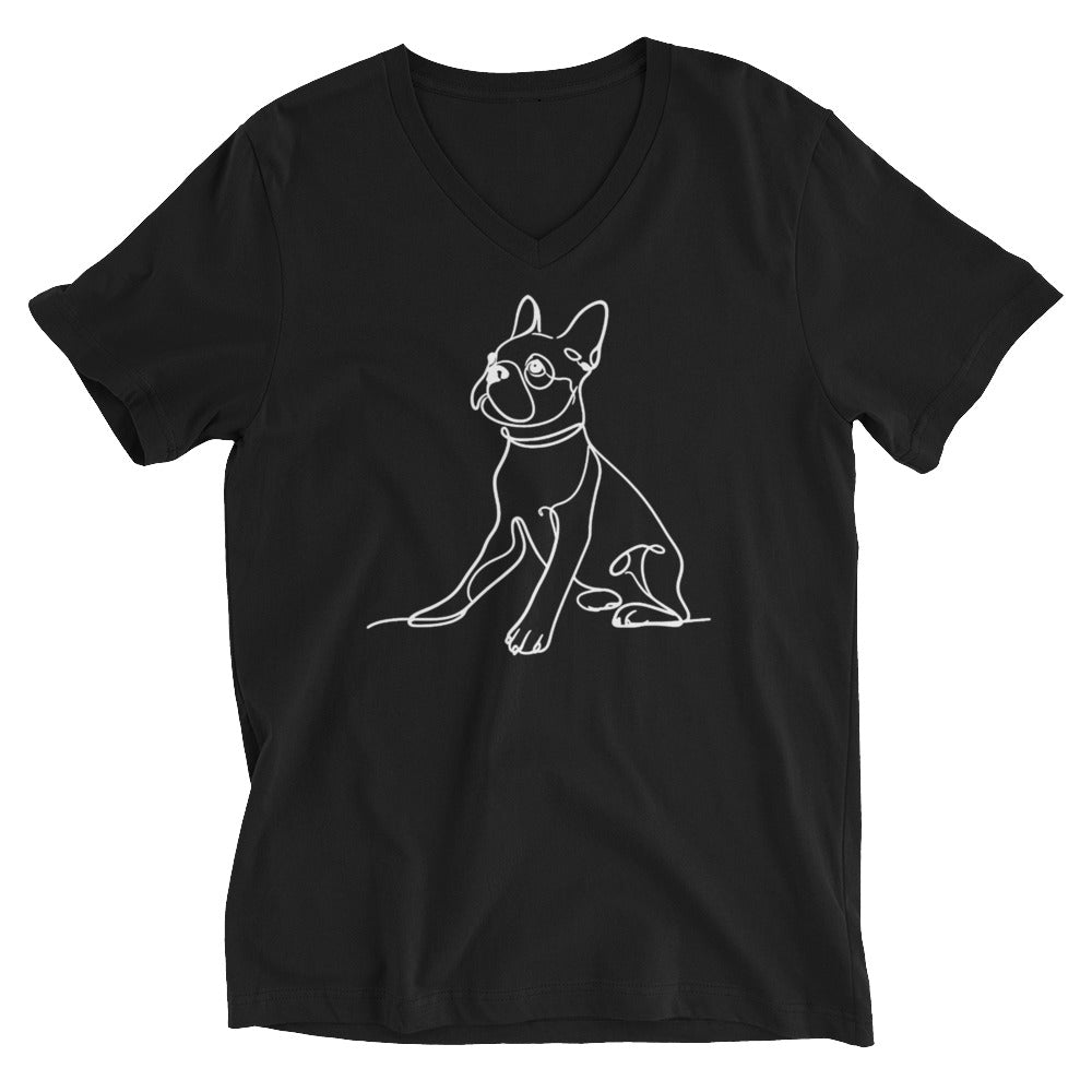 Line Drawn Boston Terrier Dog Unisex Short Sleeve V-Neck T-Shirt