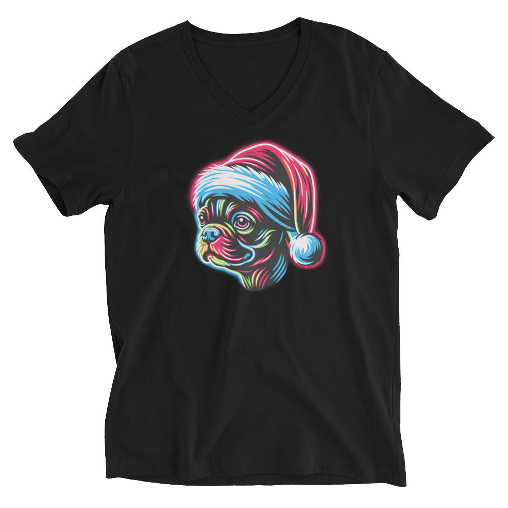 Bright Boston Holiday Santa Pup Style Unisex Short Sleeve V-Neck T-Shirt