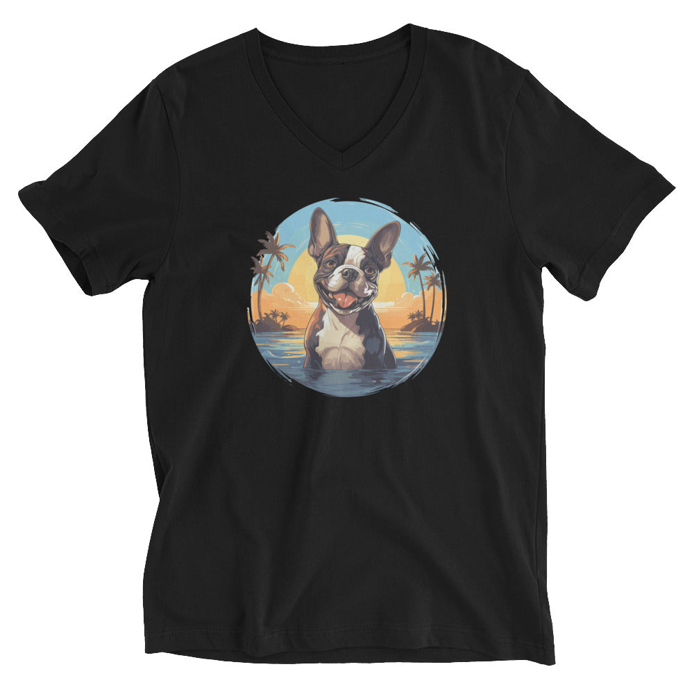 Hawaii Vibe Boston Terrier Sitting On The Beach Unisex Short Sleeve V-Neck T-Shirt