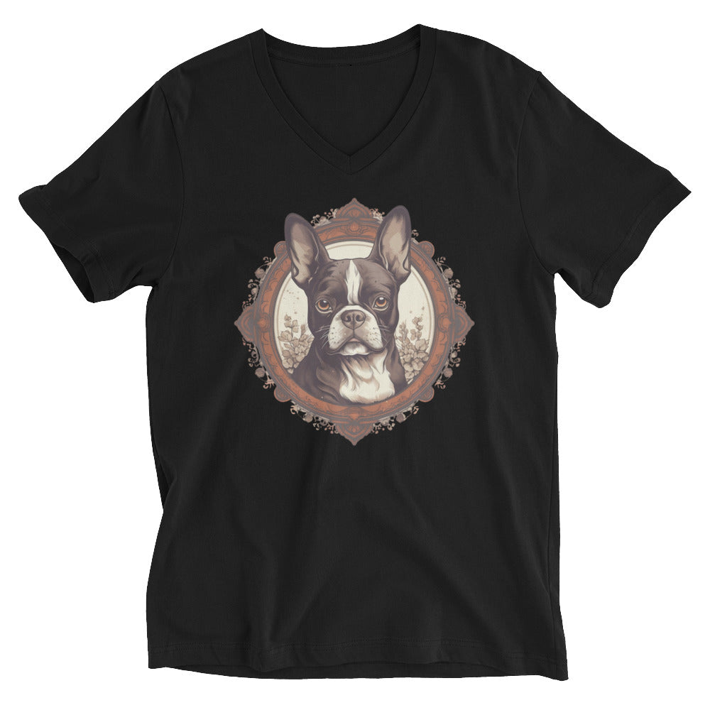 Vintage-Inspired Red Brown Boston Terrier Unisex Short Sleeve V-Neck T-Shirt . Black